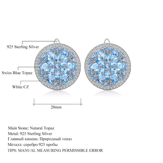 -Luxury Natural Swiss Blue Topaz Gemstone Earrings for Women, 925 Sterling Silver Stud, Wedding Fine Jewelry