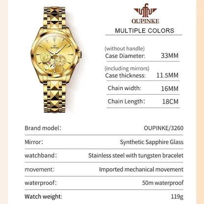 Luxury Brand Automatic Watch for Women Gold Wristwatch Skeleton Tungsten Steel Waterproof Lady Bracelet Wristwatch Set