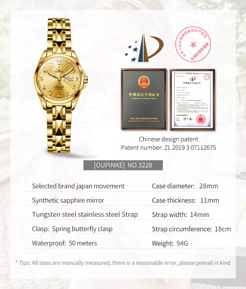 3228 Women Watch Digital Dial Auto Date Tungsten Steel Deep Waterproof Luxury Elegant Automatic Mechanical Watches