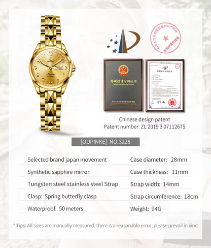 3228 Women Watch Digital Dial Auto Date Tungsten Steel Deep Waterproof Luxury Elegant Automatic Mechanical Watches