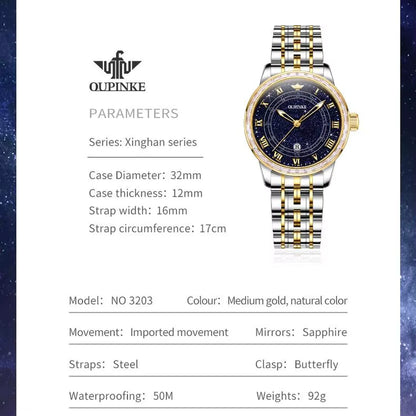 3203 Women Watch Imported Automatic Movement Diamond Starry Sky Sapphire Mirror Waterproof Luminous Wristwatch