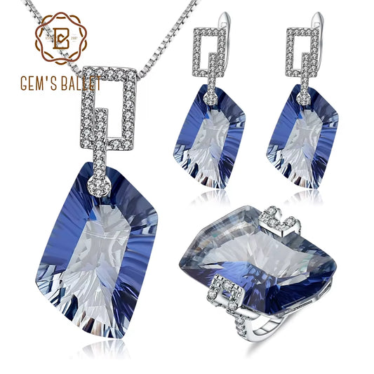 63.59Ct 925 Sterling Silver Necklace Earrings Ring Set Natural Iolite Blue Mystic Quartz Jewelry Set for Women