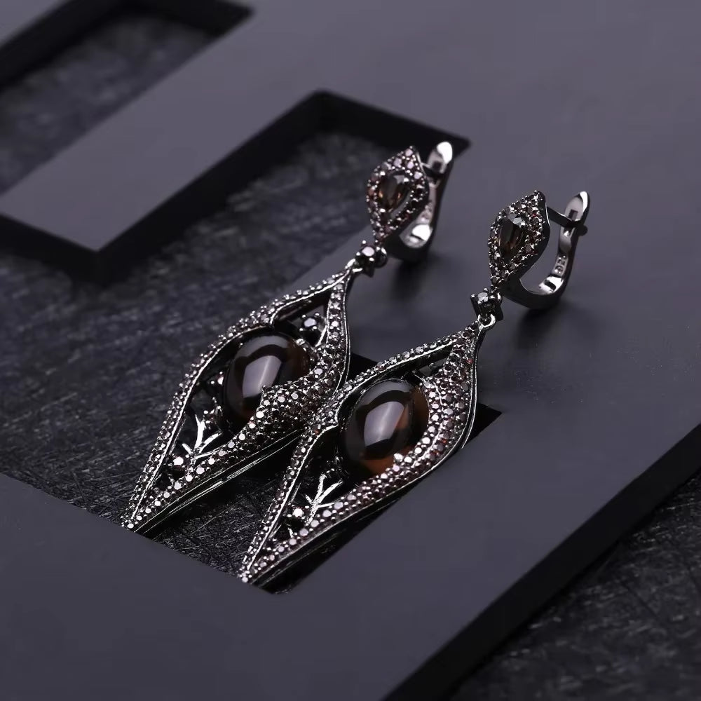 Natural Smoky Quartz Vintage Gothic Punk Jewelry Set 925 Sterling Silver Earrings Ring Set for Women Fine Jewelry