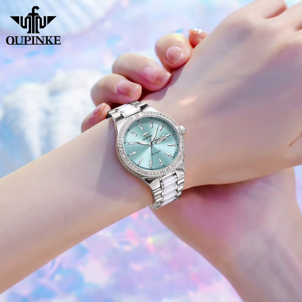 3283 Women'S Watch Elegant Ceramic Strap Luxury Brand Sapphire Calendar Week Waterproof Women Automatic Mechanical Watch