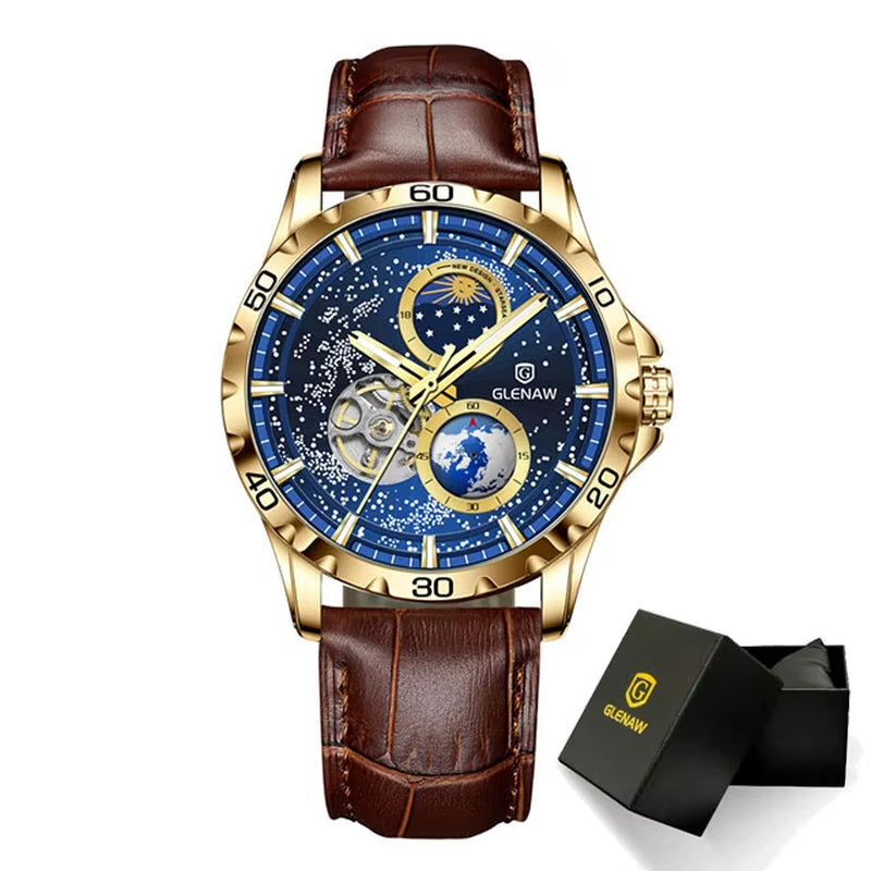 Rotating Earth Double Second Hand Wristwatch Men Automatic Mechanical Watch Starry Sky Stainless Steel Leather Watchband