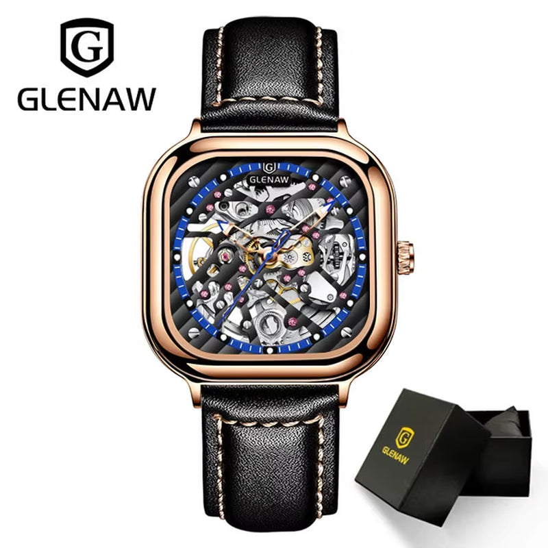 Design Mechanical Watch for Men Fashion Business High Quality Leather Automatic Watches Square Stainless Steel Clock+Box