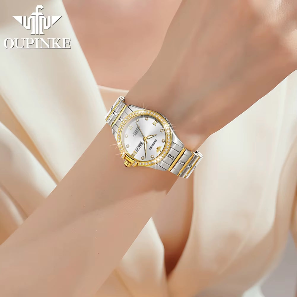 NEW Elegant Watch for Ladies Diamond Strap Stainless Steel 50ATM Waterproof Dual Calendar Display Wristwatch Women