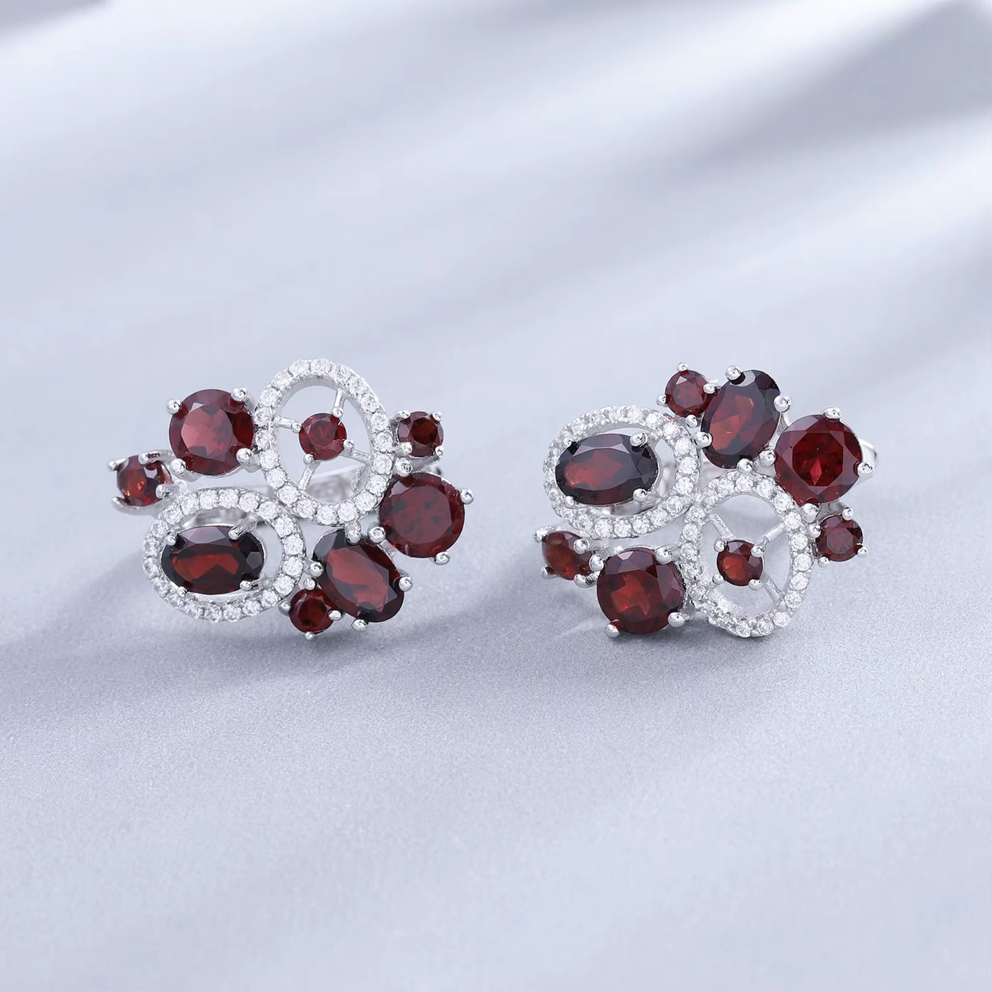 Natural Red Garnet Vintage Flower Jewelry Set 925 Sterling Silver Gemstone Earrings Ring Set for Women Fine Jewelry