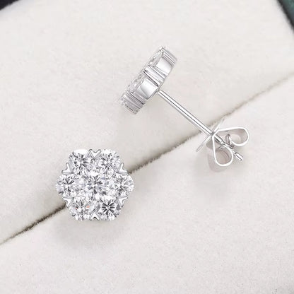 14K White Gold Stud Earrings for Women Men Honeycomb Flower Lab Grown Diamond round Ear Studs Fine Wedding Birthday Jewelry Gift