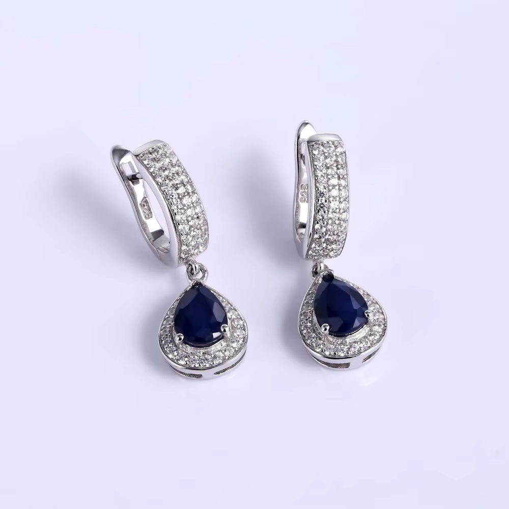 Classic Natural Blue Sapphire Gemstone Jewelry Set 925 Sterling Silver Pendant Earrings Ring Set for Women