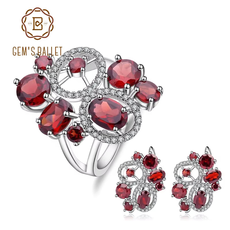 Natural Red Garnet Vintage Flower Jewelry Set 925 Sterling Silver Gemstone Earrings Ring Set for Women Fine Jewelry