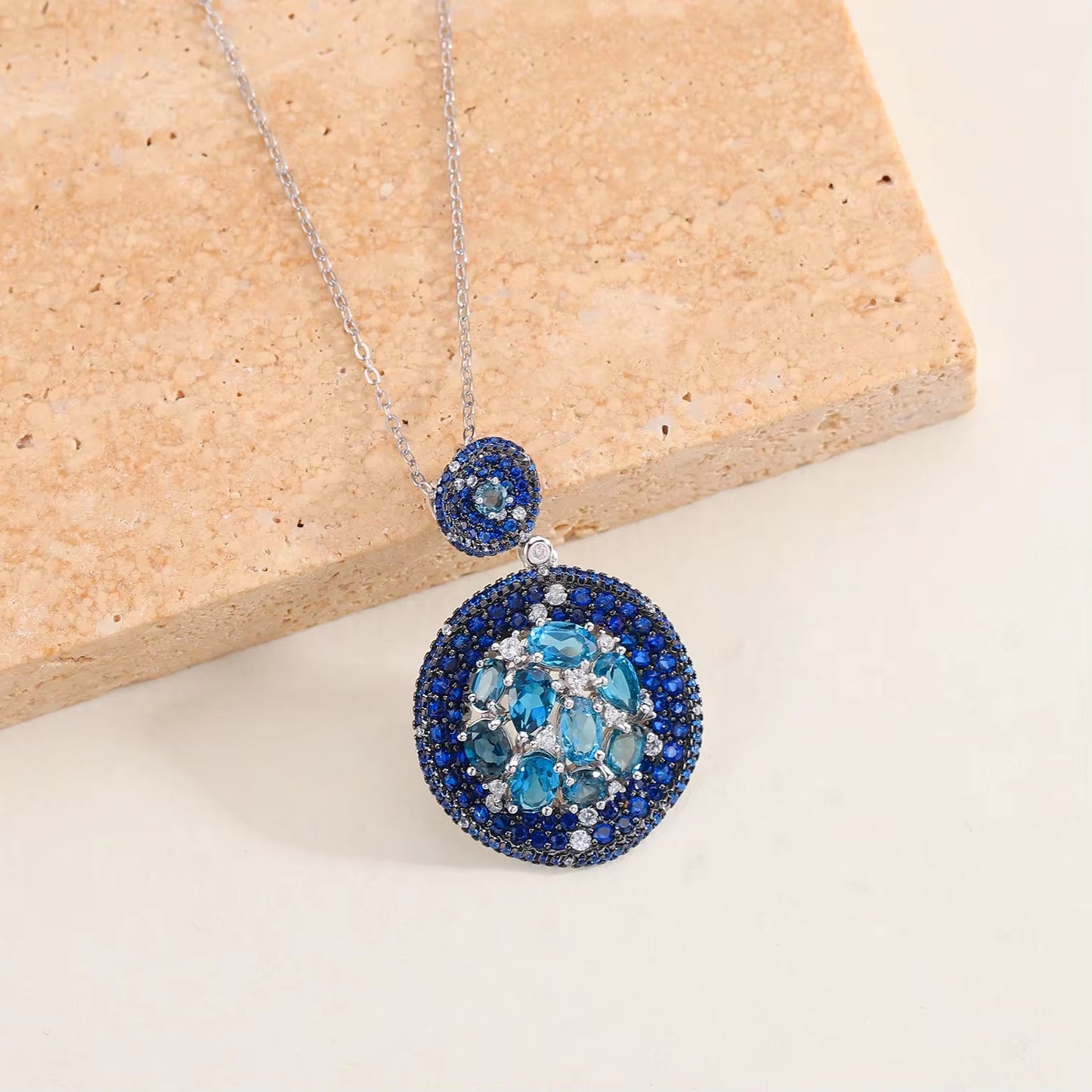 Luxury Vintage Jewelry Natural London Blue Topaz Statement Pendant Necklace 925 Sterling Silver Handmade Necklace