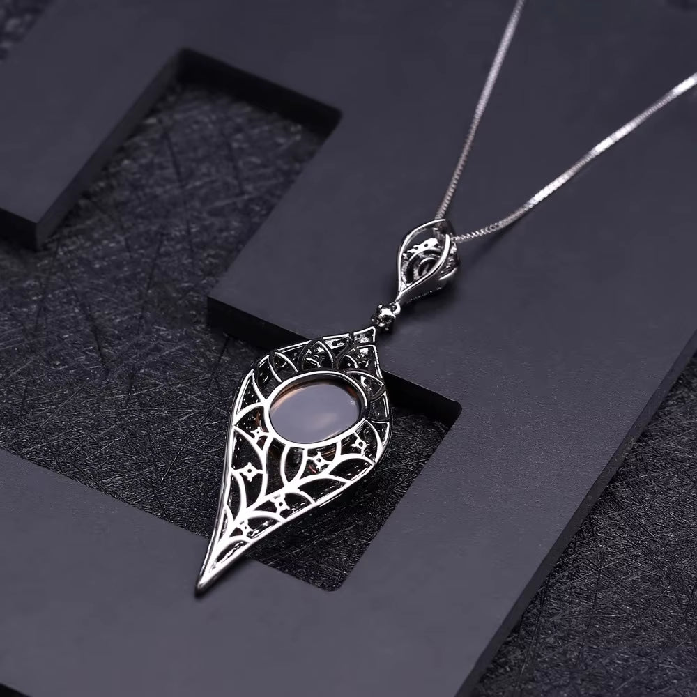 925 Sterling Sliver Natural Smoky Quart Gemstone Vintage Gothic Punk Pendant Necklace for Women Party Jewelry