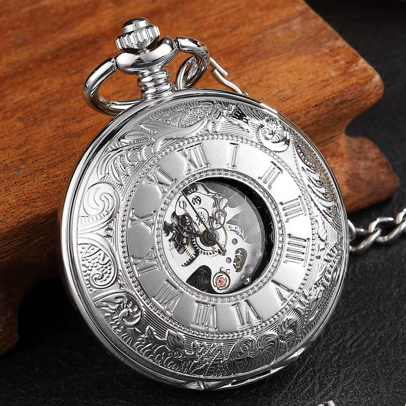 Retro Hand Wind Mechanical Pocket Watch with Fob Chain Mens Hollow Skeleton Dial Black Steel Fashion Quartz Pocket Watch Gifts