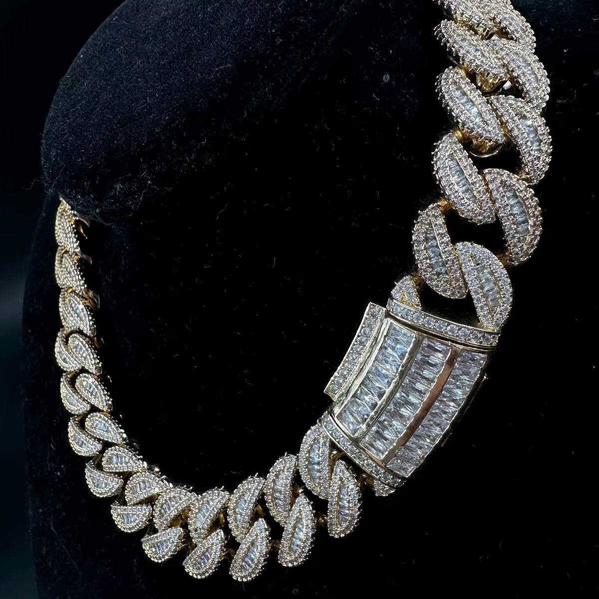 Baguette Cuban Link Chain for Men Iced Out Prong Setting Necklace Choker Real Gold Plated Hip Hop Jewelry