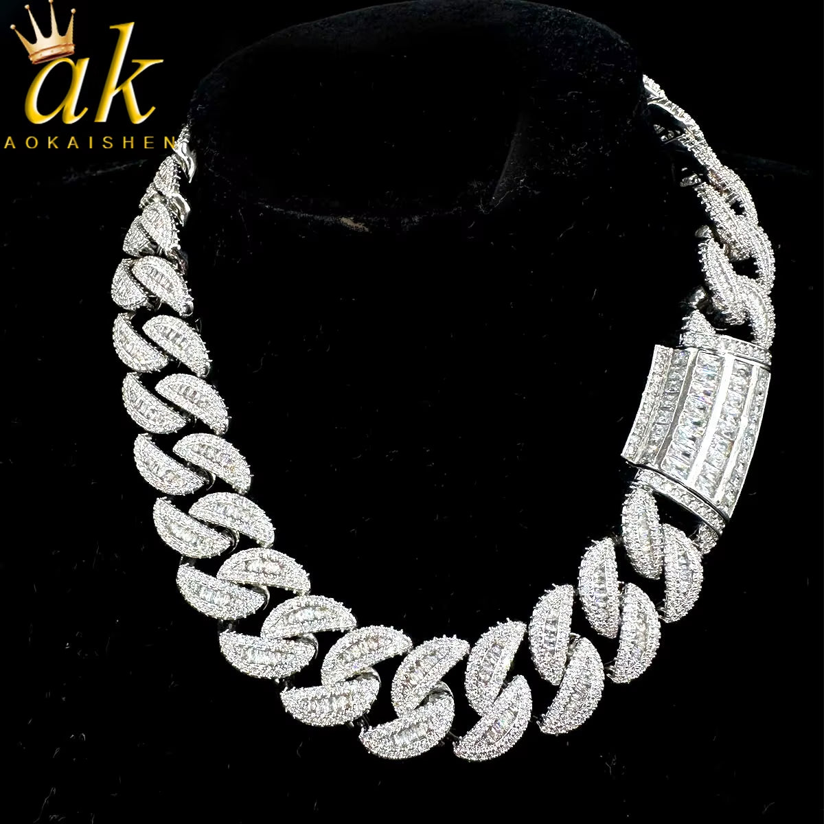 Baguette Cuban Link Chain for Men Iced Out Prong Setting Necklace Choker Real Gold Plated Hip Hop Jewelry