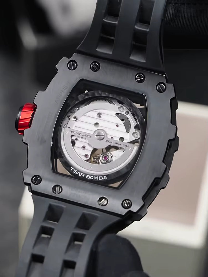 TSAR BOMBA 2025 New Automatic Watch Men Carbon Fiber Bezel Skeleton Luxury Mechanical Watches Clock Waterproof Mens Wristwatch