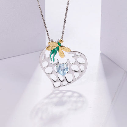 925 Sterling Silver Handmade Enamel Elves Broken Heart Pendant Necklace Natural Sky Blue Topaz for Women Jewelry