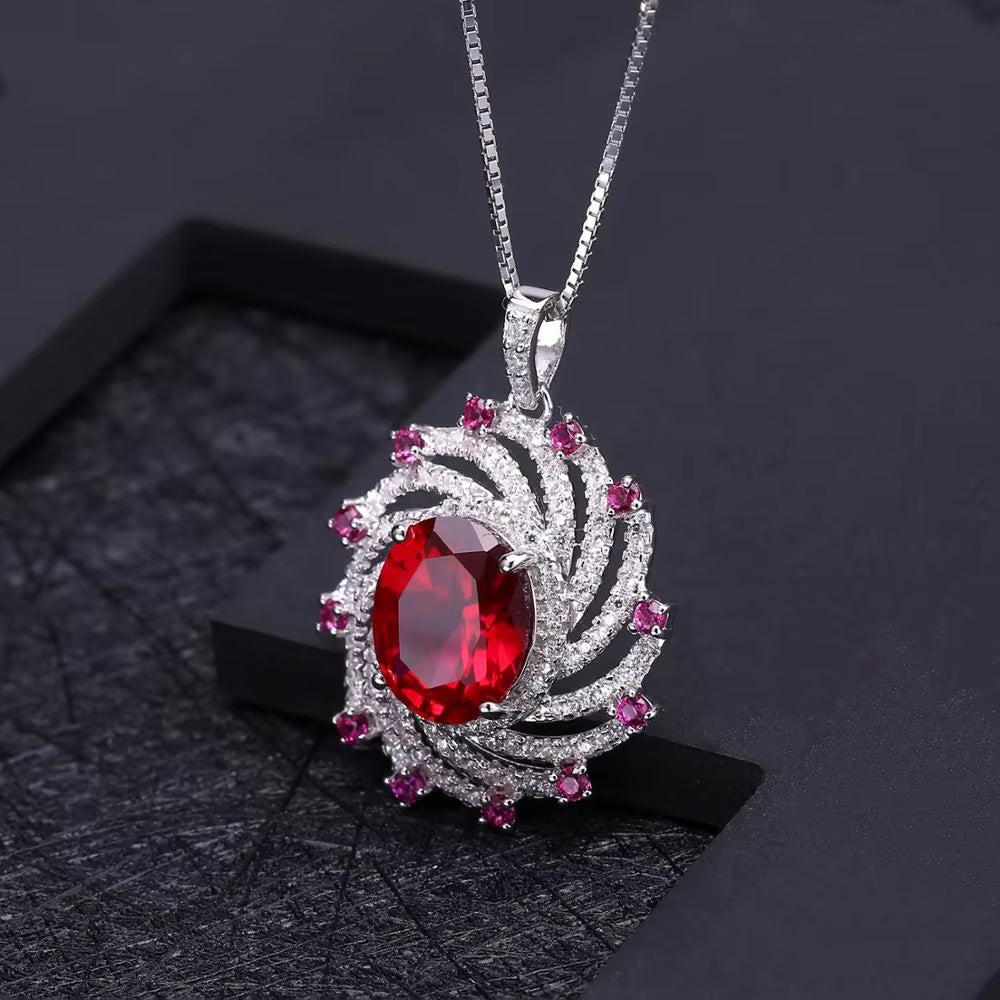 Luxury Lab Created Ruby Vintage Jewelry Set 925 Sterling Silver Ring Earrings Pendant Sets for Women Fine Jewelry