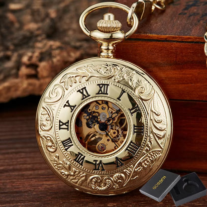 Retro Hand Wind Mechanical Pocket Watch with Fob Chain Mens Hollow Skeleton Dial Black Steel Fashion Quartz Pocket Watch Gifts