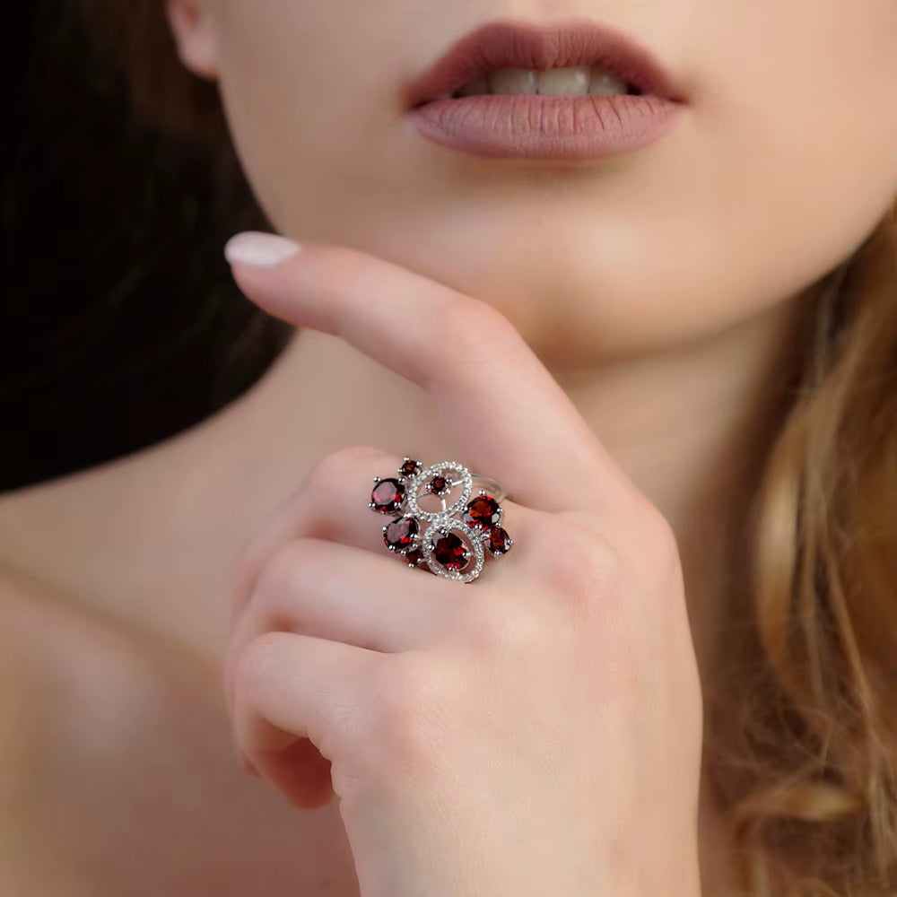 Natural Red Garnet Vintage Flower Jewelry Set 925 Sterling Silver Gemstone Earrings Ring Set for Women Fine Jewelry