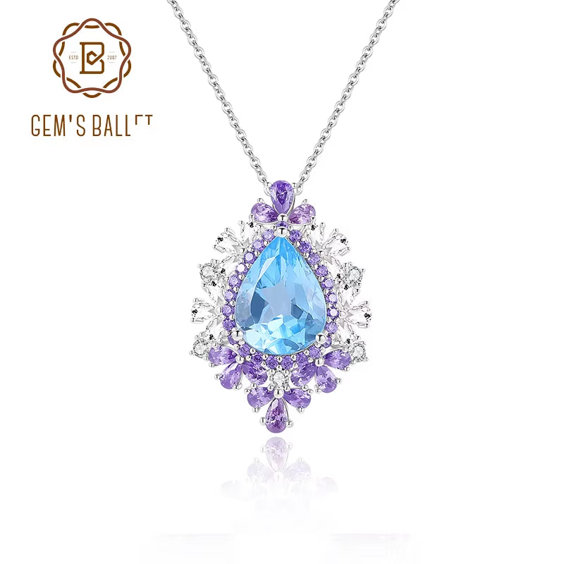 Luxury Natural Sky Blue Topaz Statement Pendant Necklace in 925 Sterling Silver Bridal Jewelry Gift for Her