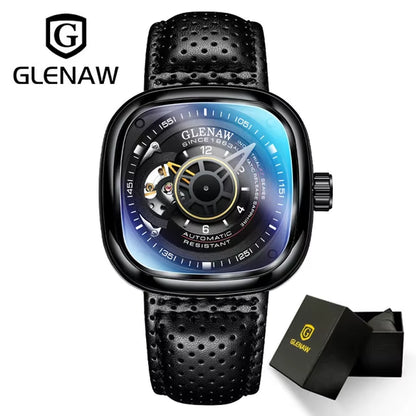 Design Mechanical Watch for Men Fashion Business High Quality Leather Automatic Watches Square Stainless Steel Clock+Box