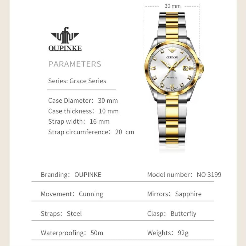 Real Diamond  3199 Automatic Mechanical Watch for Women Gold Wristwatch Sapphire Mirror 50ATM Waterproof Wathc for Ladies