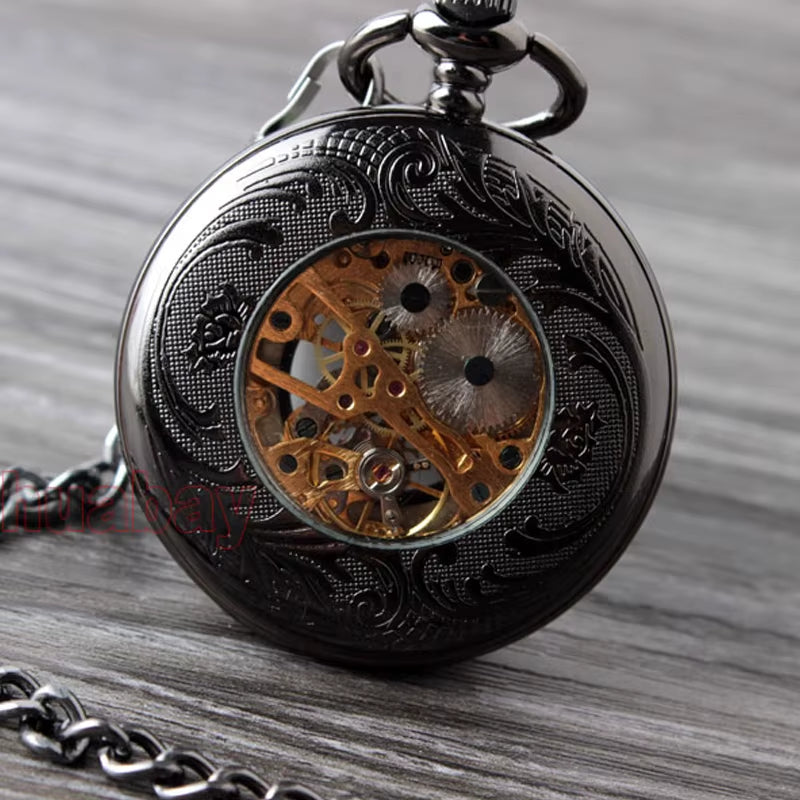 Retro Hand Wind Mechanical Pocket Watch with Fob Chain Mens Hollow Skeleton Dial Black Steel Fashion Quartz Pocket Watch Gifts