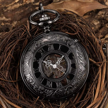 Retro Hand Wind Mechanical Pocket Watch with Fob Chain Mens Hollow Skeleton Dial Black Steel Fashion Quartz Pocket Watch Gifts