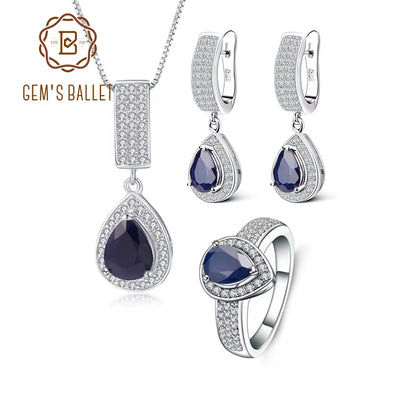 Classic Natural Blue Sapphire Gemstone Jewelry Set 925 Sterling Silver Pendant Earrings Ring Set for Women