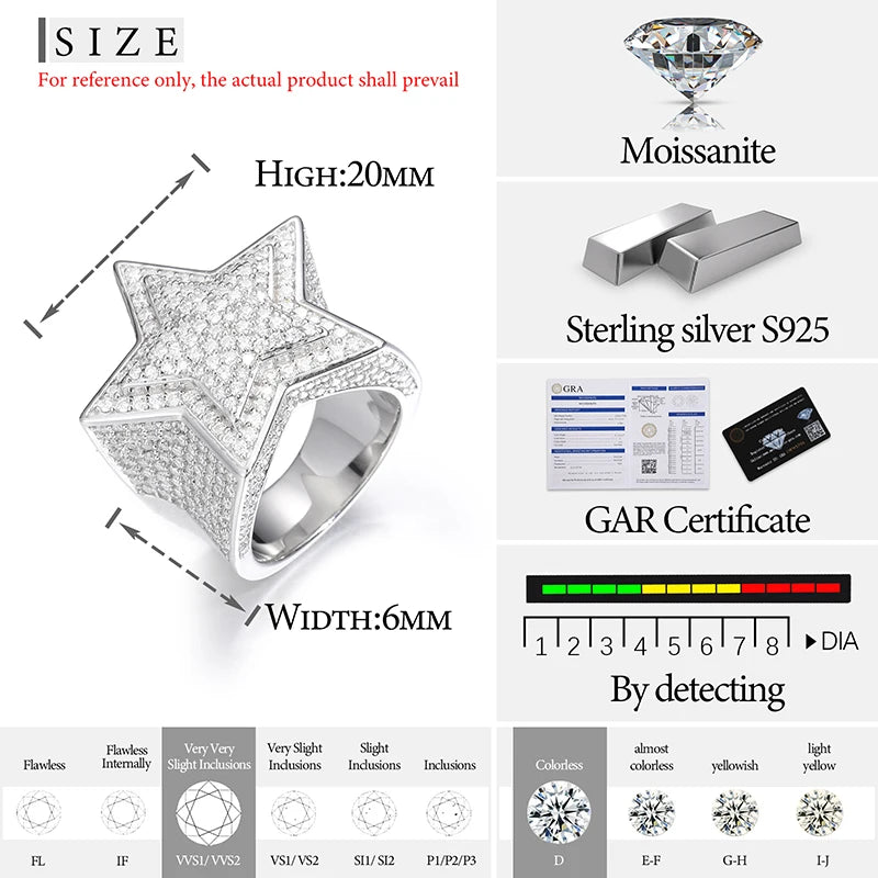 Fine Jewelry VVS1 with Certificate Moissanite Star Rings for Men 925 Sterling Silver Moissanite Rings Hip Hop Jewelry