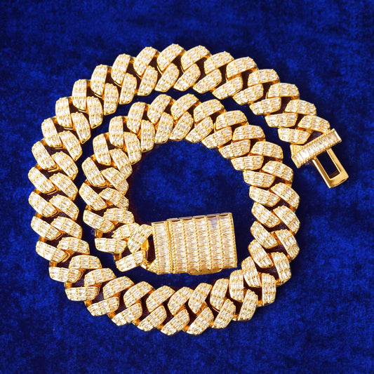 Cuban Link Chain Men Necklace Real Gold Plated Baguette Hip Hop Jewelry Christmas Gift