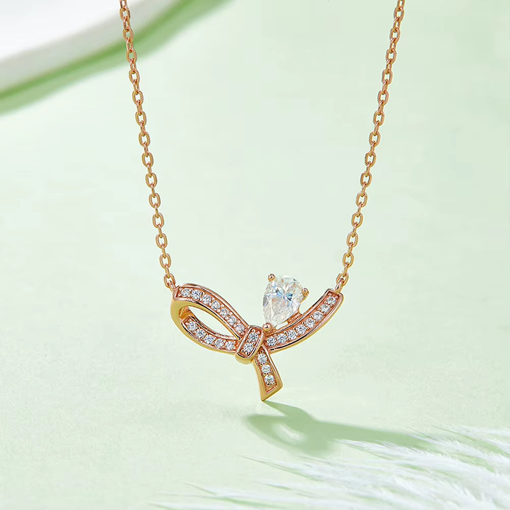 Bowtie Pendant Moissanite Necklace Plating Rose Gold Anniversary Gift 925 Sterling Silver Jewelry Souvenir for Her