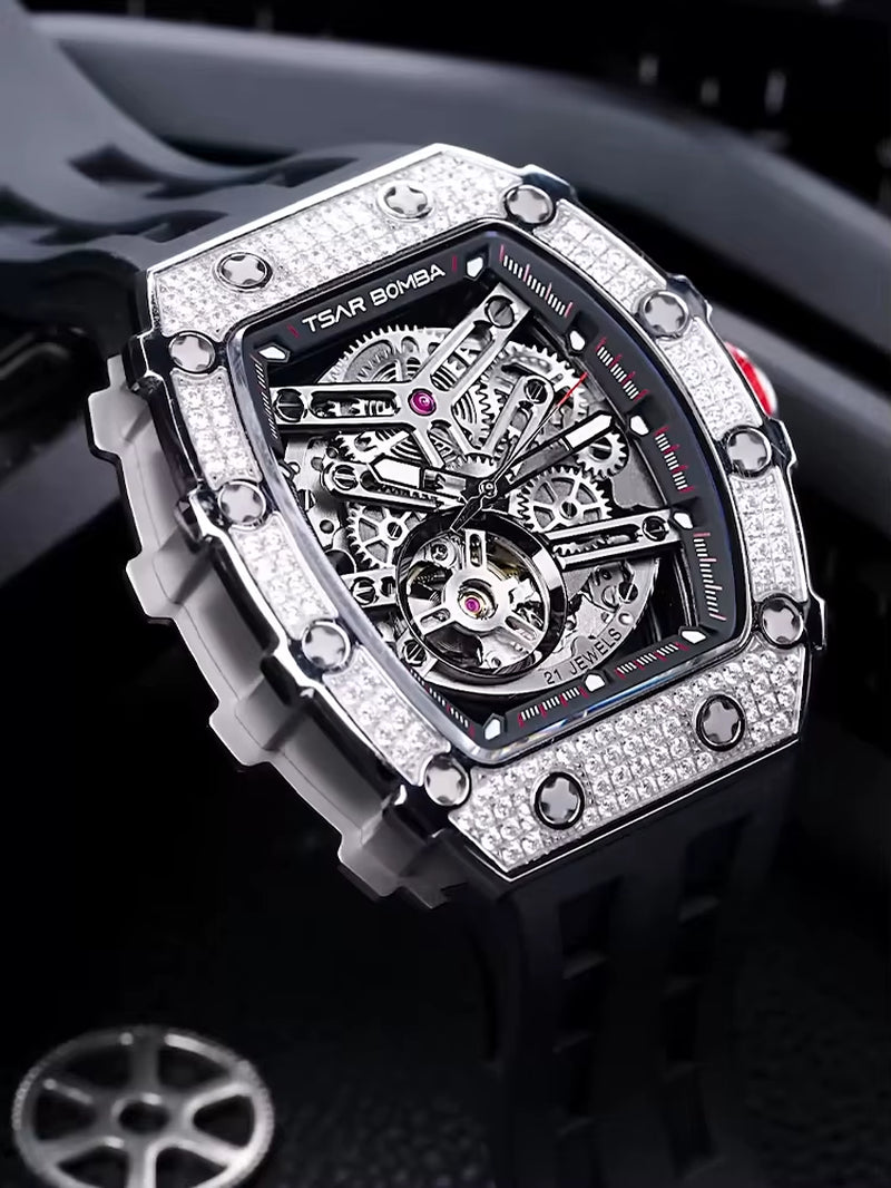 Watches for Men Diamond Automatic Watches Luxury Mens Mechanical Watch White Wristwatch Waterproof Skeleton Clock