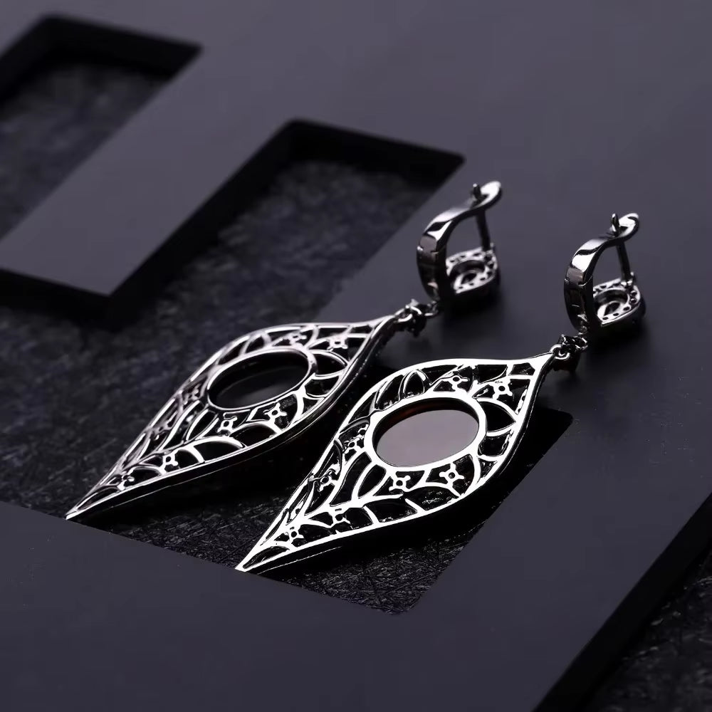 Natural Smoky Quartz Vintage Gothic Punk Jewelry Set 925 Sterling Silver Earrings Ring Set for Women Fine Jewelry