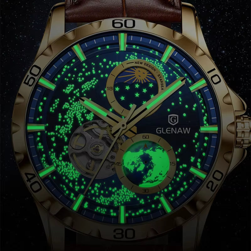 Rotating Earth Double Second Hand Wristwatch Men Automatic Mechanical Watch Starry Sky Stainless Steel Leather Watchband