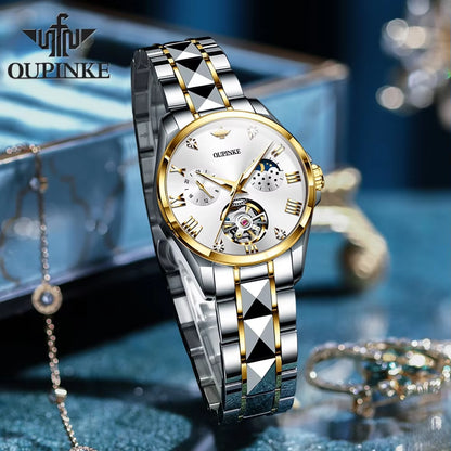 3202 Skeleton Flywheel Mechanical Wrist Watch for Women Moon Phase Chronograph Waterproof Elegant Ladies Automatic Watch