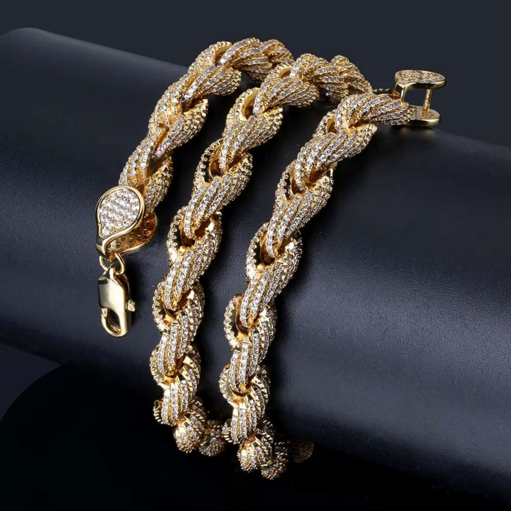 8Mm Rope Chain Hip Hop Necklace Gold/Silver Plated Iced Out Micro Pave AAA CZ Stones Charm Chain for Men and Women