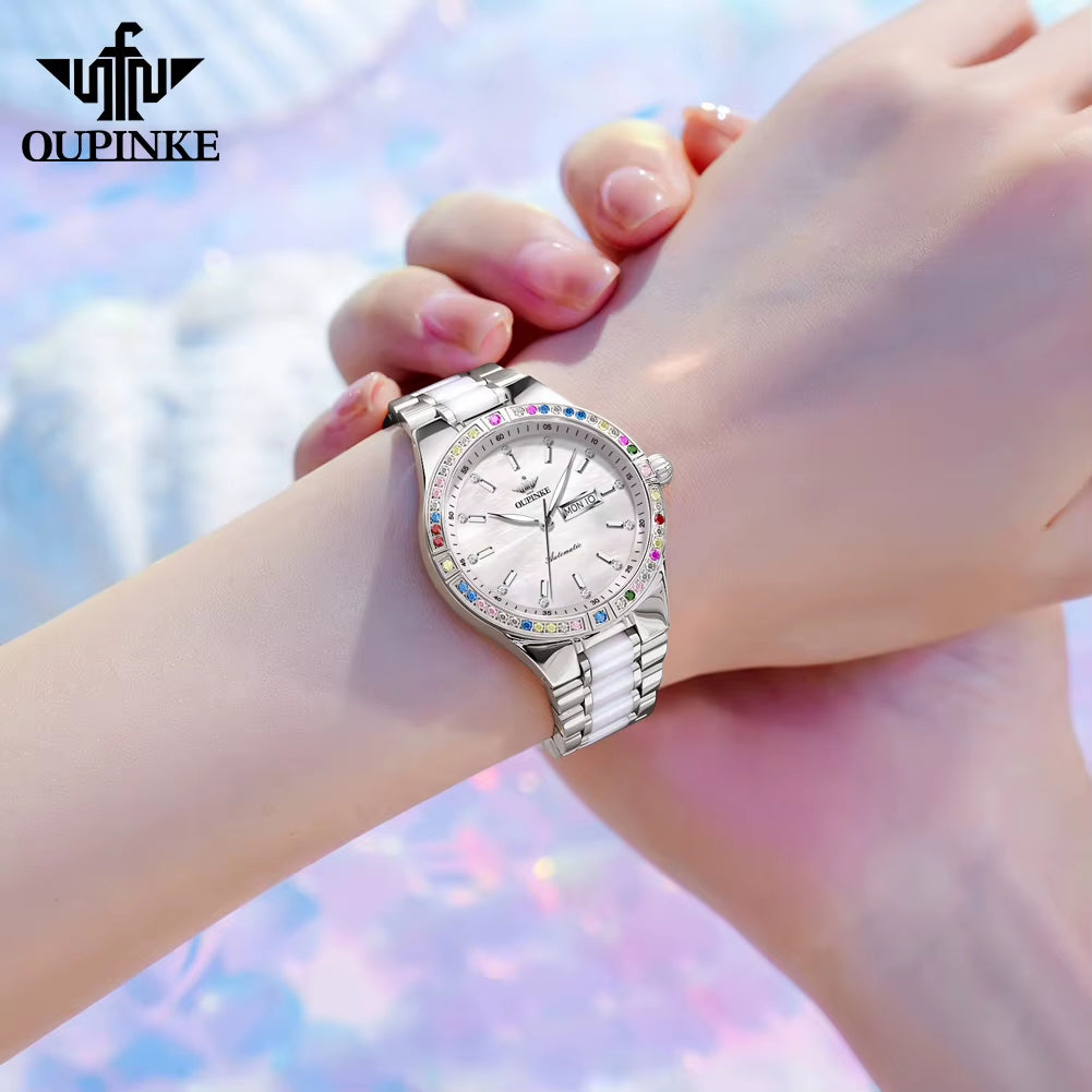 Mechanical Watch for Women Stainless Steel Ceramic Strap Sapphire Mirror Waterproof Luminous Calendar Week Ladies Watch