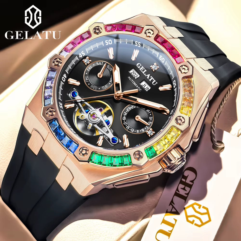 6022 Man Watch Brand Original Silicone Strap Hollow Out Rainbow Diamond Men'S Mechanical Wristwatch Dual Calendar Busines