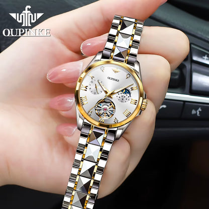 3202 Skeleton Flywheel Mechanical Wrist Watch for Women Moon Phase Chronograph Waterproof Elegant Ladies Automatic Watch