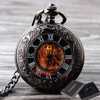 Retro Hand Wind Mechanical Pocket Watch with Fob Chain Mens Hollow Skeleton Dial Black Steel Fashion Quartz Pocket Watch Gifts