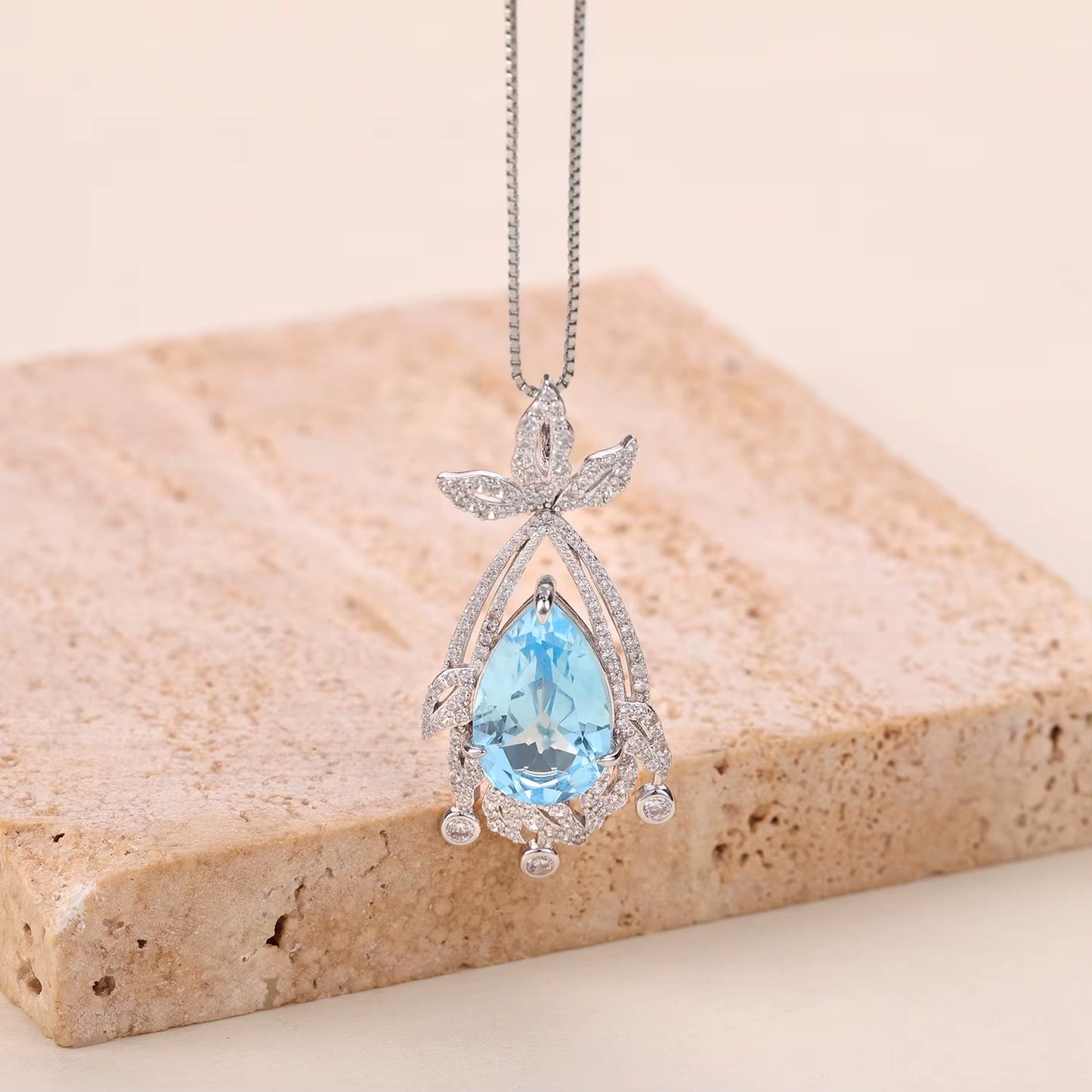 Nautral Sky Blue Topaz Vintage Necklace Bridal Statement Pendant Necklace in 925 Sterling Silver Luxury Jewelry