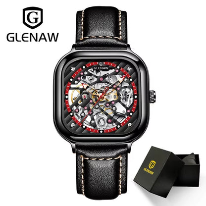 Design Mechanical Watch for Men Fashion Business High Quality Leather Automatic Watches Square Stainless Steel Clock+Box