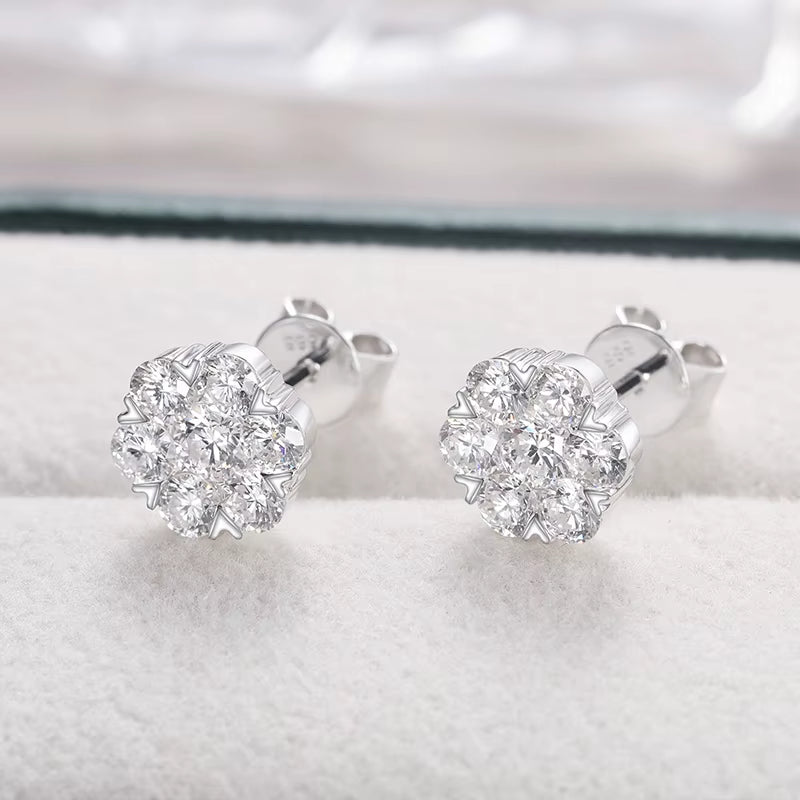 14K White Gold Stud Earrings for Women Men Honeycomb Flower Lab Grown Diamond round Ear Studs Fine Wedding Birthday Jewelry Gift