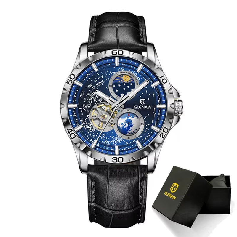 Rotating Earth Double Second Hand Wristwatch Men Automatic Mechanical Watch Starry Sky Stainless Steel Leather Watchband