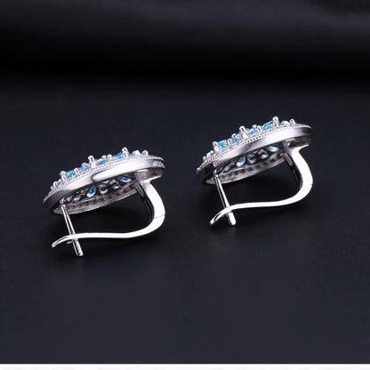 -Luxury Natural Swiss Blue Topaz Gemstone Earrings for Women, 925 Sterling Silver Stud, Wedding Fine Jewelry