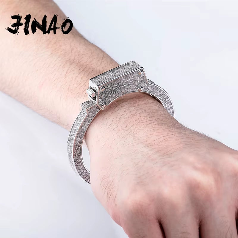 Gold Silver Color Hip Hop Jewelry Iced Out High Quality Cubic Zirconia Handcuffs Bracelet Gifts for Men Women