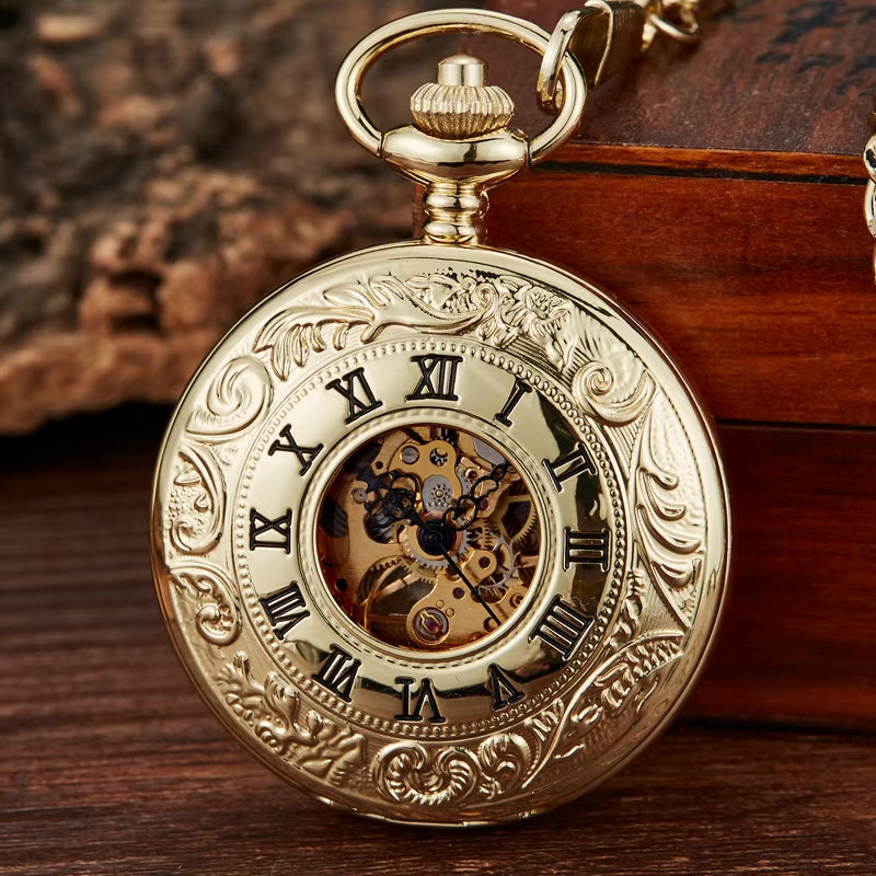 Retro Hand Wind Mechanical Pocket Watch with Fob Chain Mens Hollow Skeleton Dial Black Steel Fashion Quartz Pocket Watch Gifts